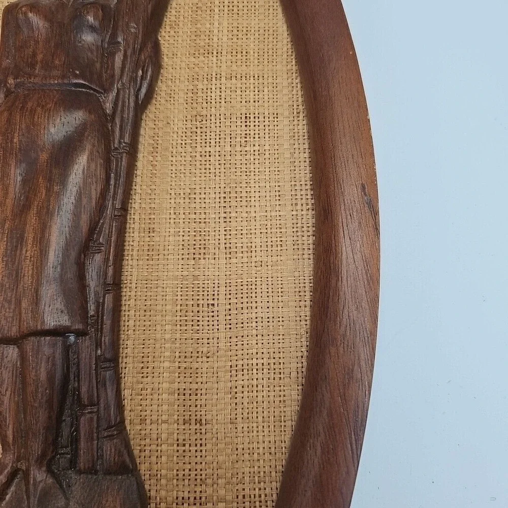Vintage Hand-Carved Teak Wood Wall Art Oval‎ Shaped Woven Backgrounds MCM